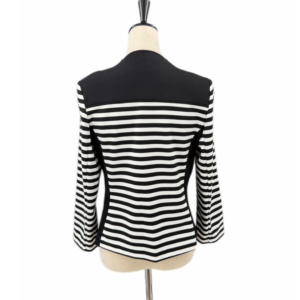 Chico’s Sz 0 Black & White Stripe Tan Ponte Knit Slim Fit Blazer Moto Jacket - Picture 3 of 12